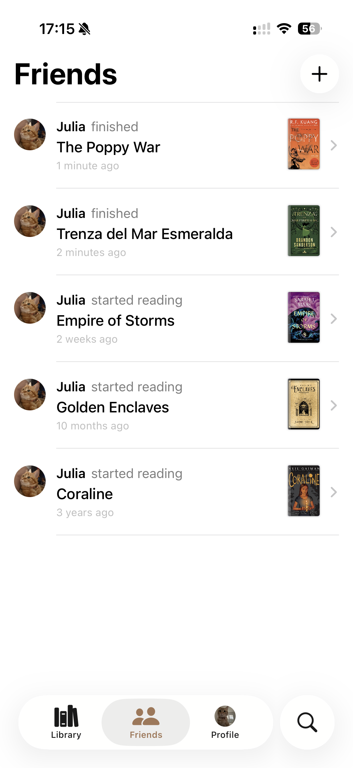 Friends activity screen in Bookshelf