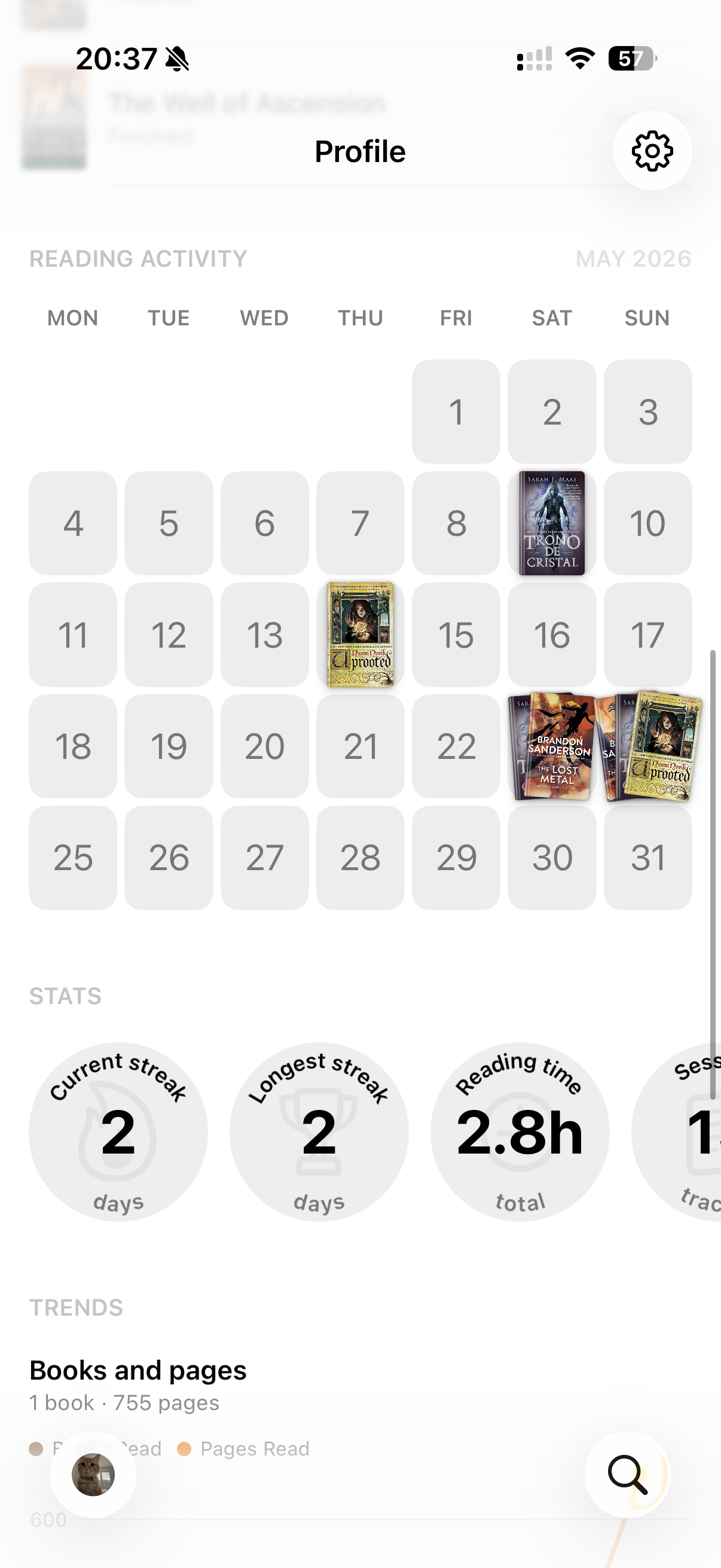 Profile stats screen in Bookshelf