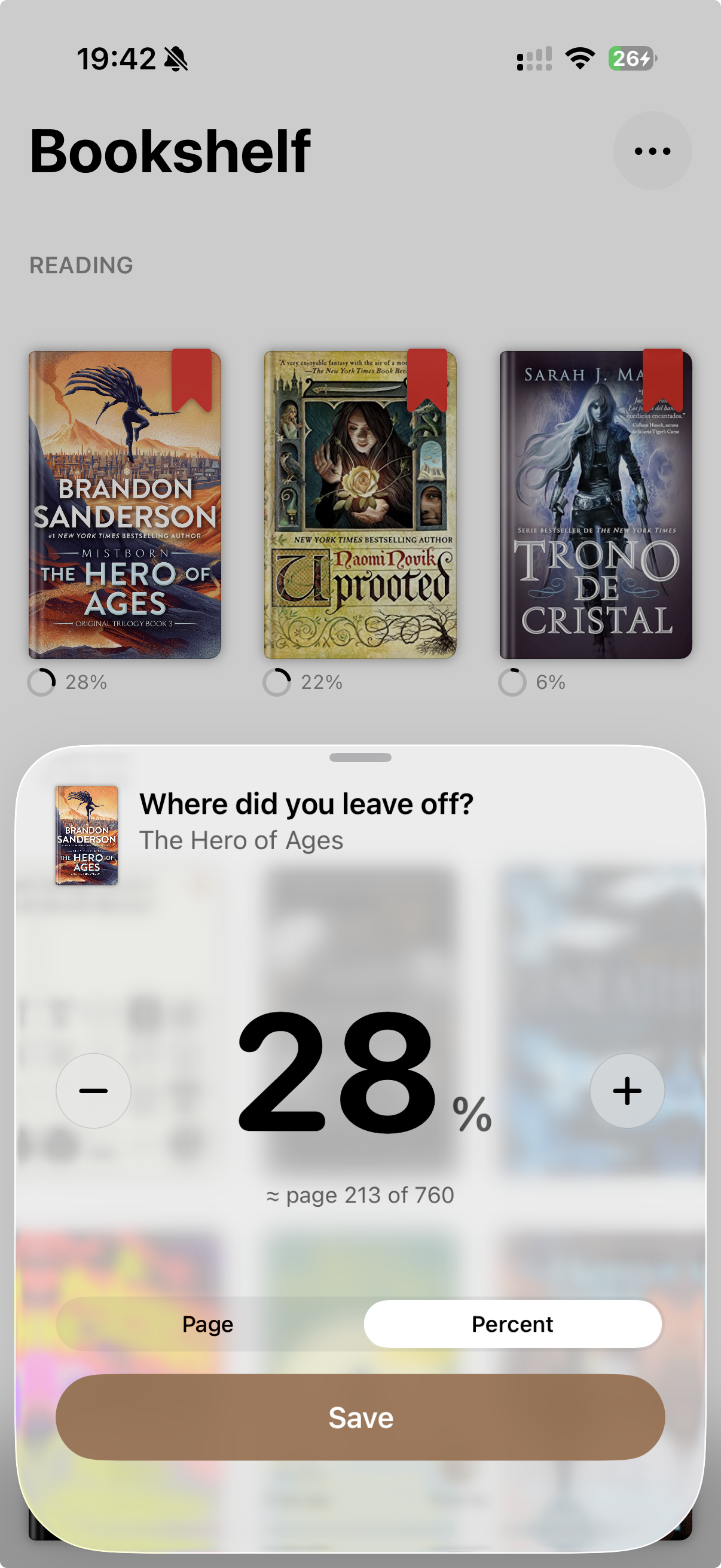 Save pages read screen in Bookshelf